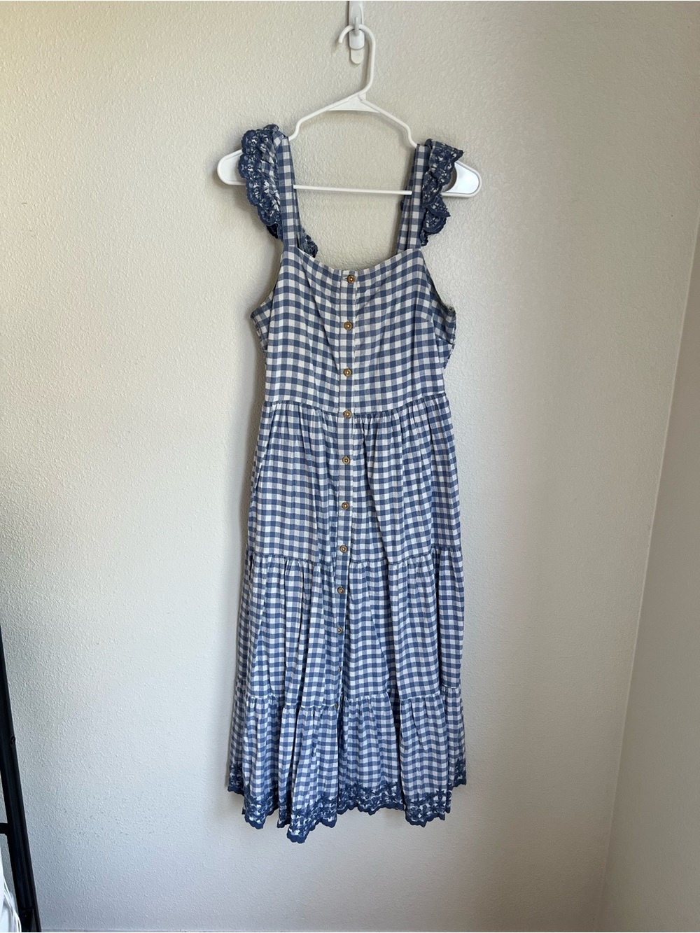 Shabby Chic Blue Gingham Midi Dress with Lace Trim